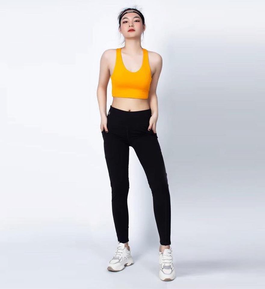 Bộ đồ tập thể thao nữ quần dài túi lưới áo croptop 3 lỗ màu vàng -  BQD4