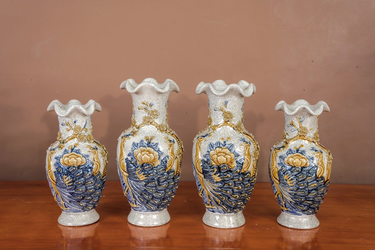 Bộ đồ cúng - Lọ hoa cổ lượn sóng 24 - Men rạn đắp nổi - Gốm sứ Bát Tràng - Làng Gốm