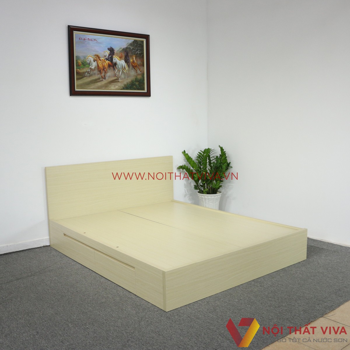 Giường Ngủ Gỗ MDF Phủ Melamine Cao Cấp Viva Màu Kem Học Kéo