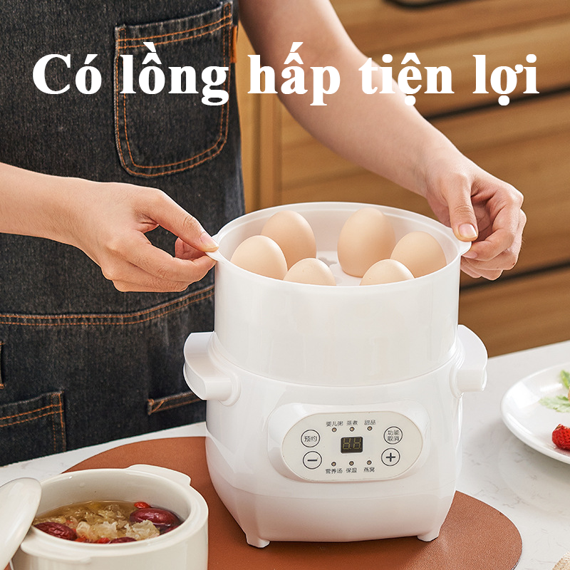 Nồi Nấu Cháo Chậm Chưng Yến Cho Bé 6 Chức Năng Dung Tích 1L Có Lồng Hấp Nồi Nấu Chậm Nấu Cháo Hầm Hấp Chưng Yến Cách Thủy Lõi Sứ Trắng Tỏa Nhiệt Đều Hẹn Giờ 12h Tiện Lợi