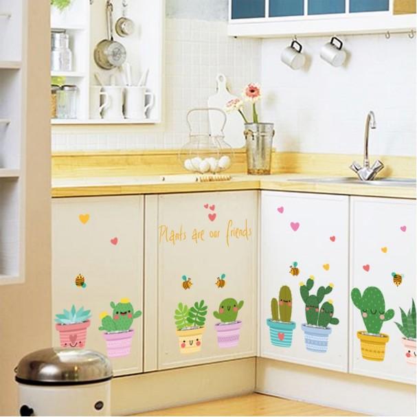 Decal trang trí Nhiều Chậu Xương Rồng Hoạt Hình đáng yêu