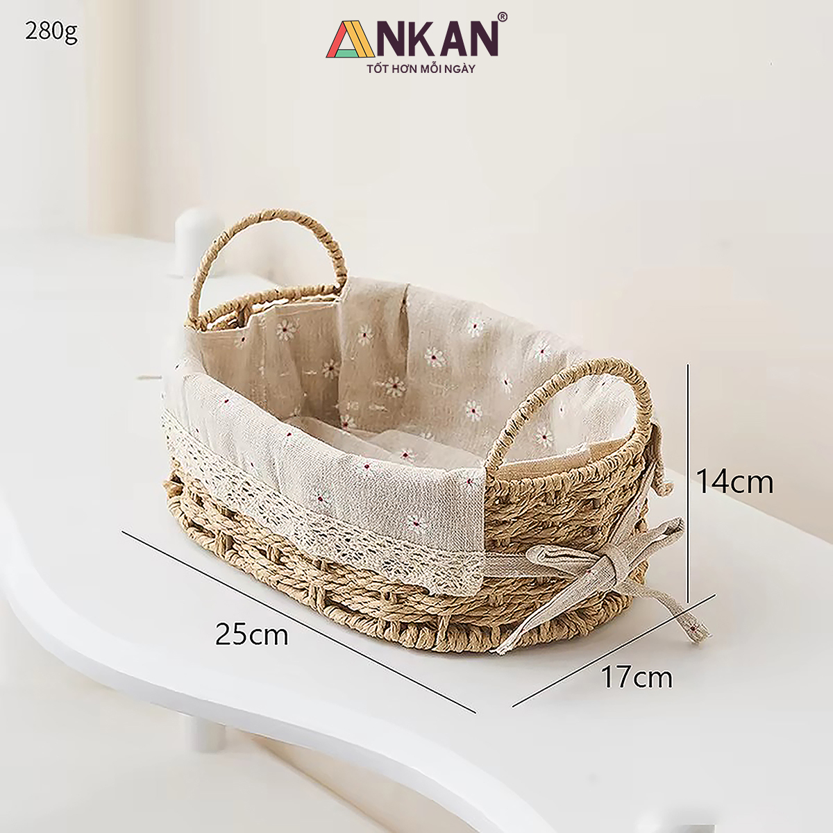 Giỏ Đựng Đồ Ăn Vặt Có Quai Hình Bầu Dục Lót Vải Hoa – Sợi Giấy Cán Mỏng Nhẹ Bền, Dễ Vệ Sinh