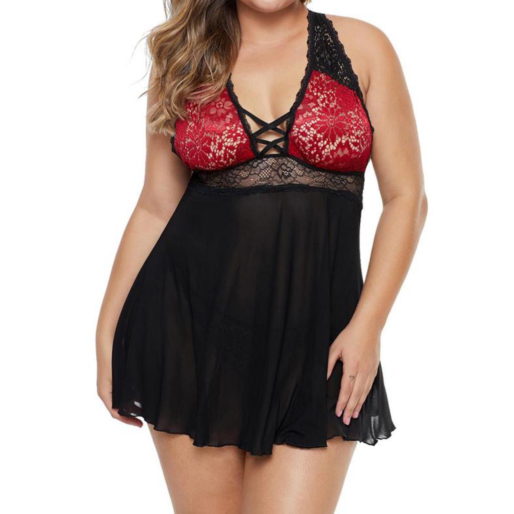Womens Sheer Lace Bodydoll Plus Size Nightgown Full Slip With Panties