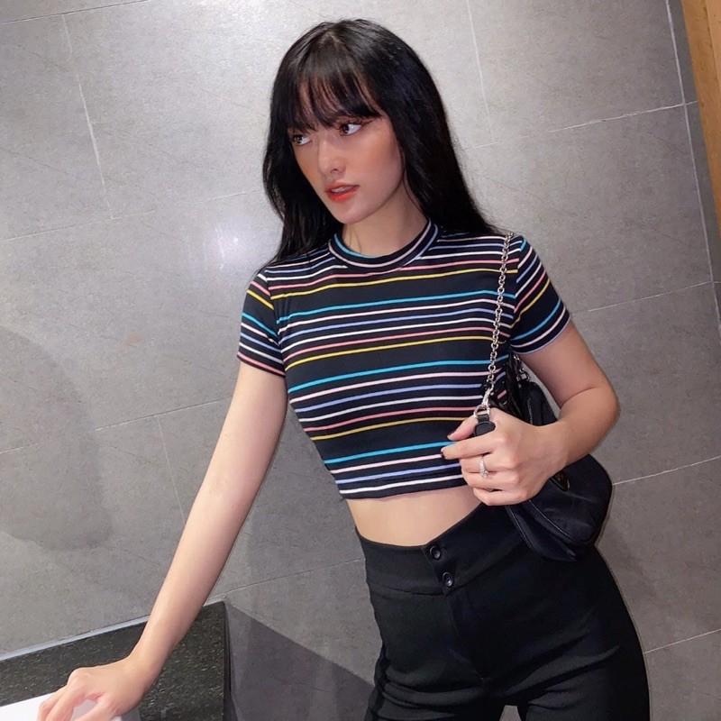 Áo nữ crop sọc tay ngắn