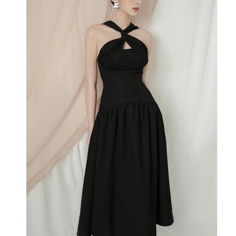Đầm váy thiết kế maxi cổ chéo 100% cotton đen xòe dài midi hở lưng xếp ly đi biển dự tiệc dạo phố rẻ đẹp bigsize