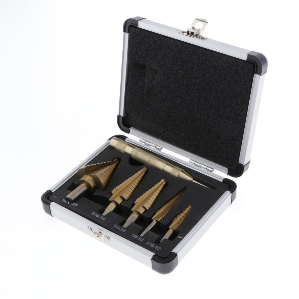 Step Drill, Titanium Coated HSS Step Drill Bit Set with 122mm Automatic Center Punch, 3/16-7/8,1/4-1-3/8,1/4-3/4,1/8-1/2,3/16-1/2 Steps, Aluminum Case