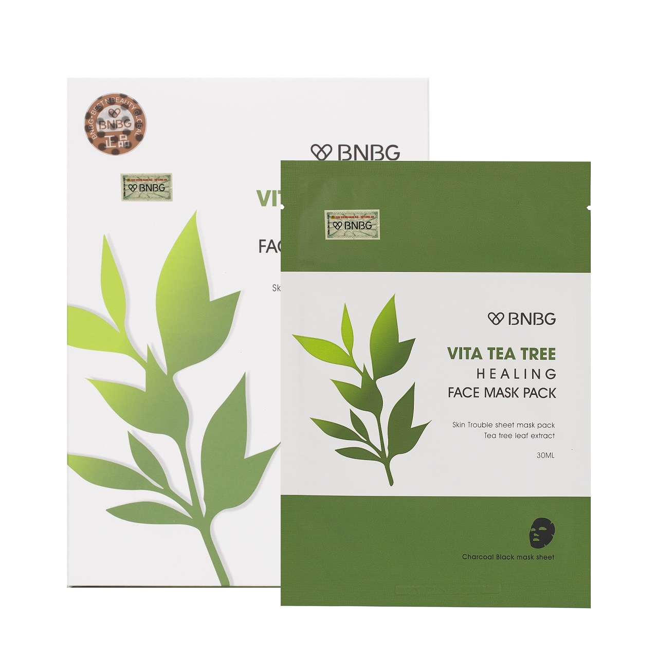 Hộp 10 Mặt nạ thải bã nhờn, ngừa mụn chiết xuất tràm trà BNBG Vita Tea Tree Healing Face Mask Pack 30ml x 10