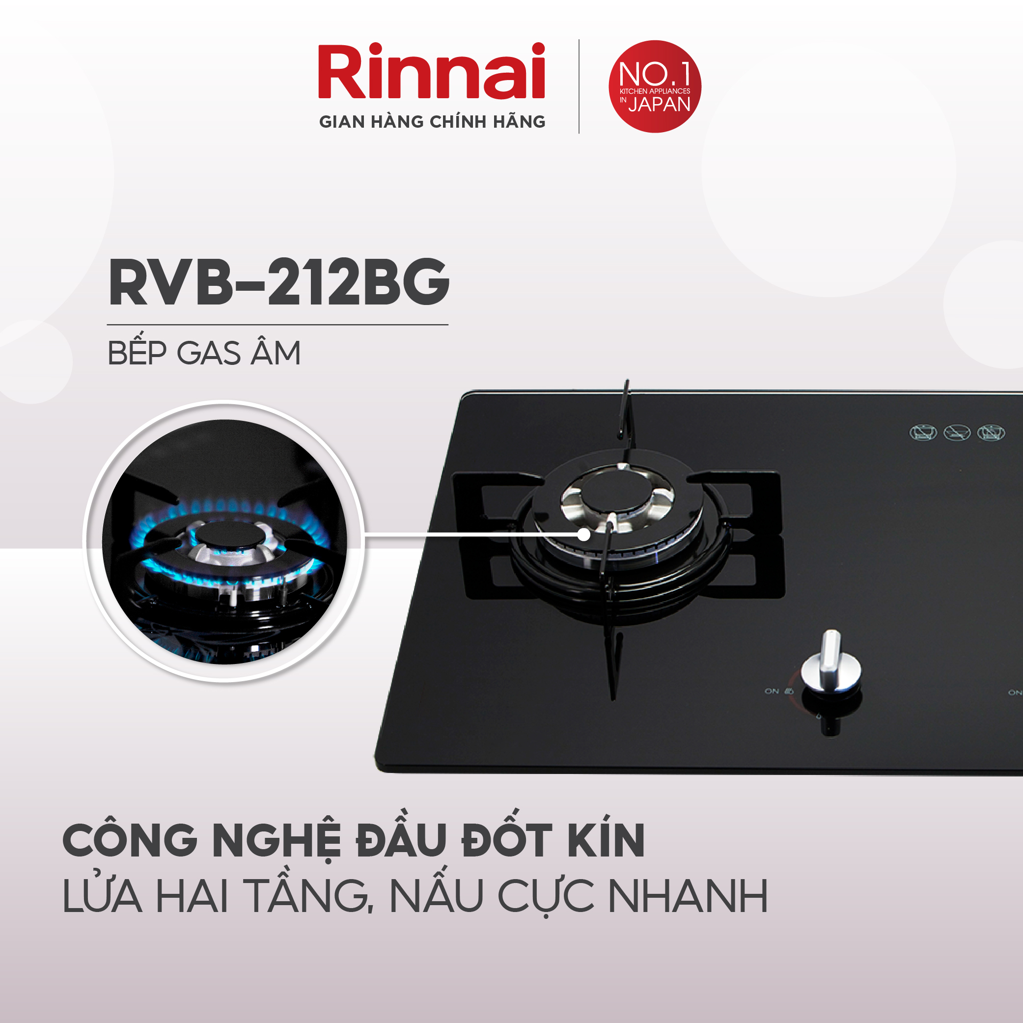 Bếp gas âm Rinnai Rinnai RVB-212BG mặt bếp kính và kiềng bếp men - Hàng chính hãng.