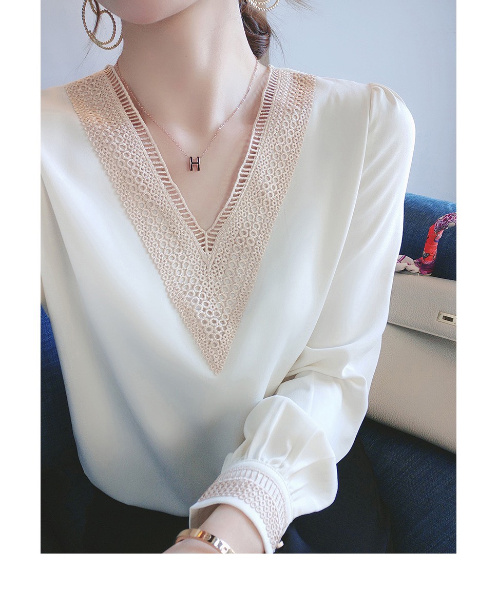 Áo sơ mi trơn phối ren cổ V sang trọng BY3334