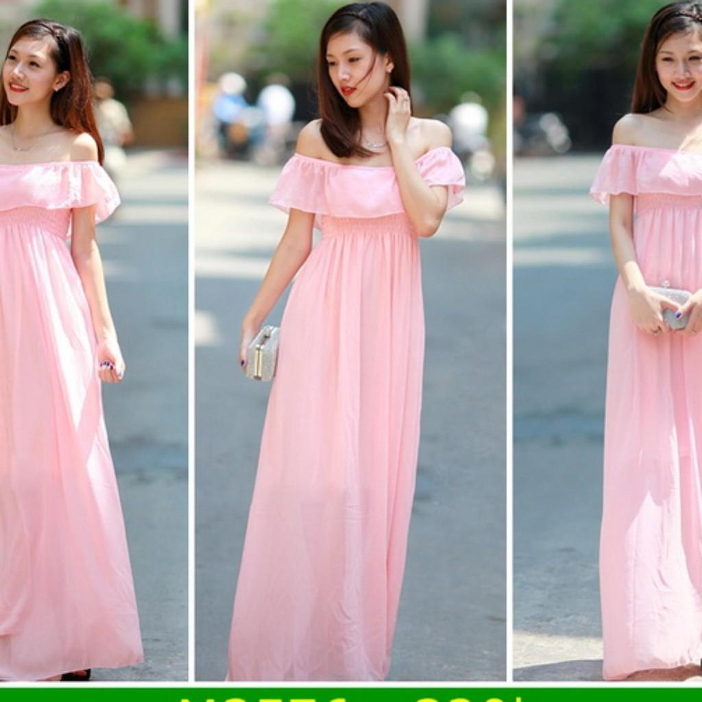 Đầm maxi bẹt vai nhúng
