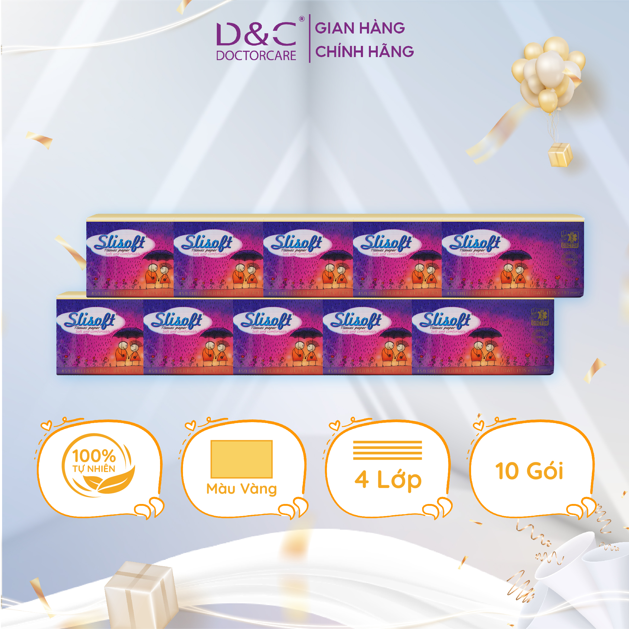 10 Bịch Khăn giấy Slisoft 4 lớp Vàng tự nhiên đa năng, giấy ăn không chất tẩy trắng an toàn cho cả gia đình