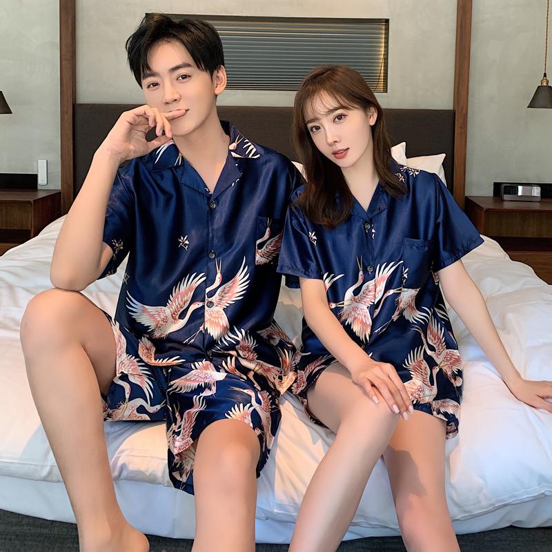 Trẻ Trung Người Yêu Bộ Đồ Ngủ Lụa Tơ Nữ Ngắn Tay Mùa Hè Bộ Pyjama Giải Trí Nhà Cặp Đôi Pijama Bộ Mềm Đồ Ngủ & áo Váy Ngủ