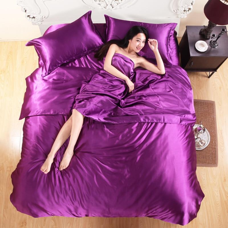 Trọn Bộ Chăn Drap Gối Phi Lụa Cao Cấp Màu Tím Huế