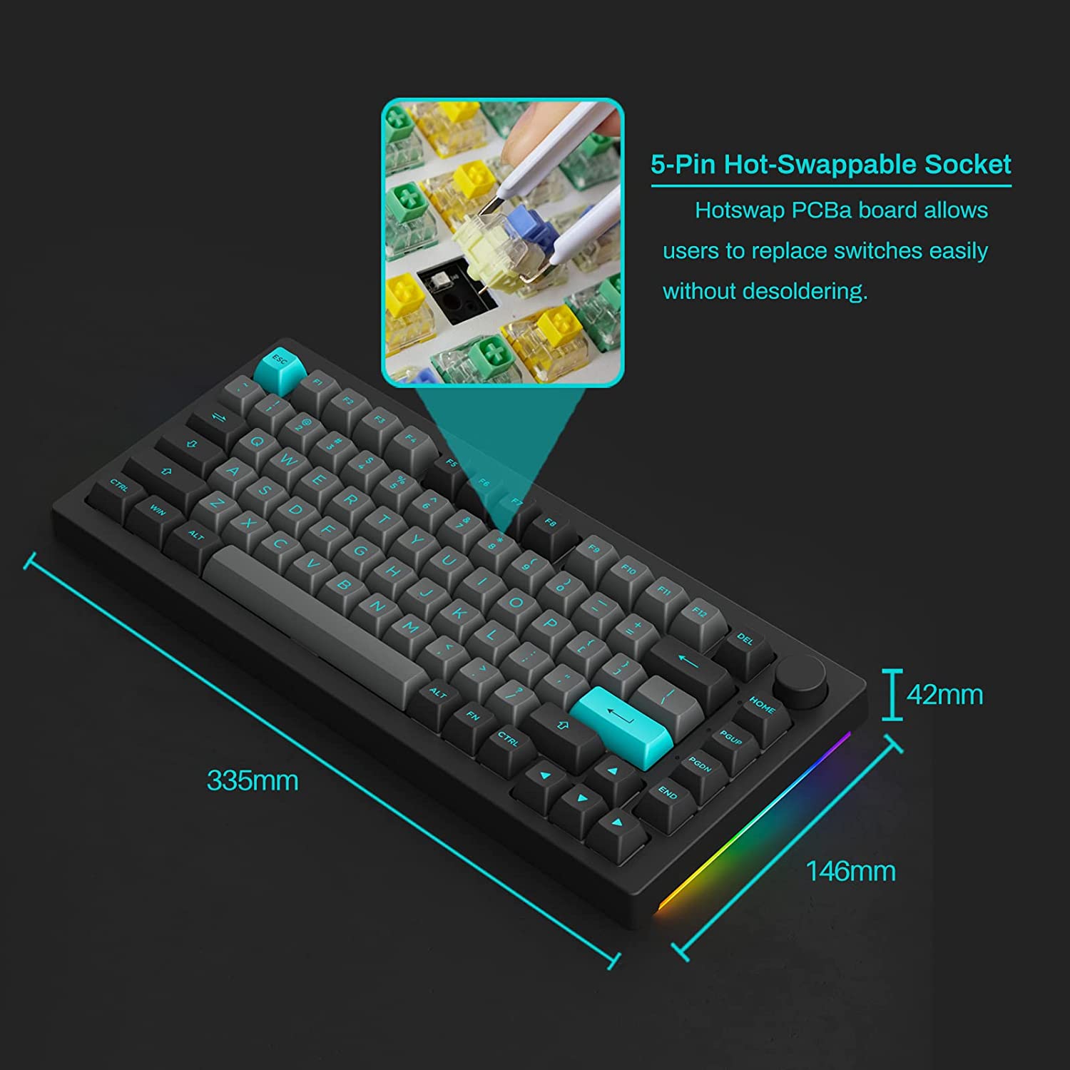 Bàn phím máy tính AKKO 5075B Plus Black & Cyan_Mới, hàng chính hãng
