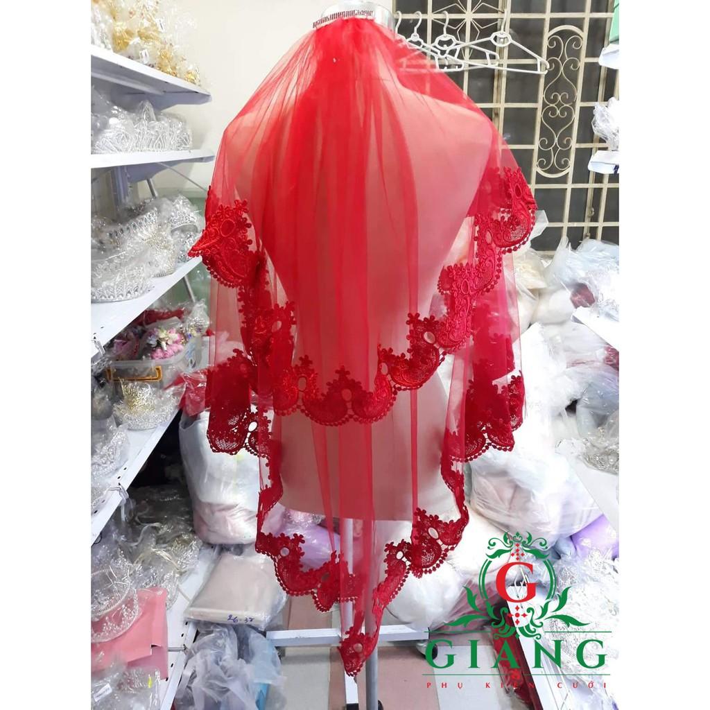 Voan cô dâu đỏ đính đường viền ren lớn phụ kiện cưới Giang