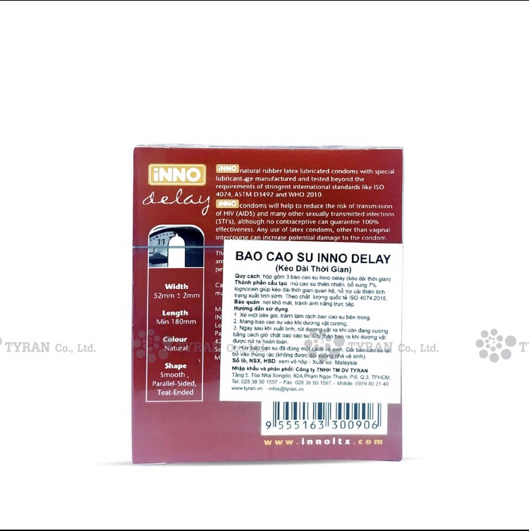 BAO CAO SU INNO DELAY 3s [COMBO 3 hộp tổng 9 bao] KÉO DÀI THỜI GIAN NHIỀU GEL BÔI TRƠN Tyran chuyên sỉ