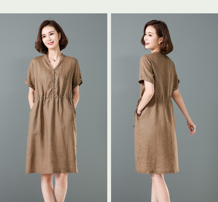 Váy sơ mi cổ V cộc tay dáng dài, Váy linen cao cấp che khuyết điểm tôn dáng Haint Boutique Da172