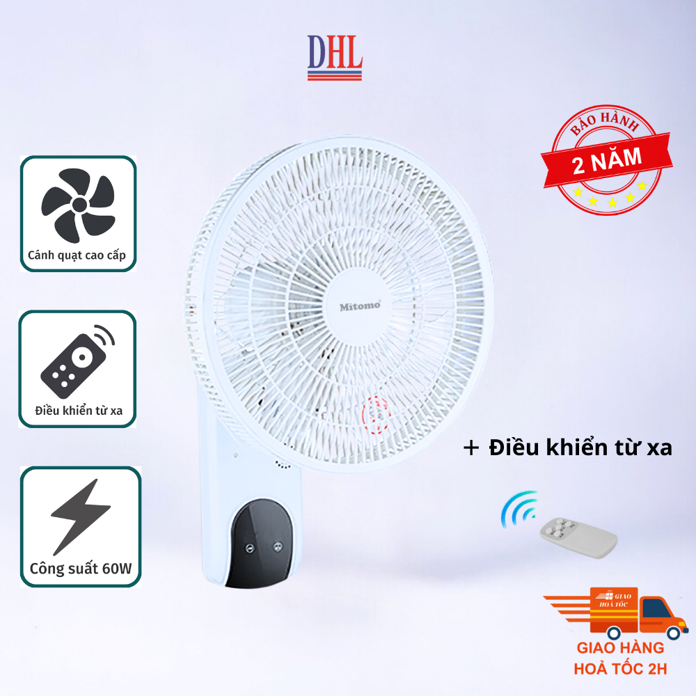 Quạt treo tường cao cấp Mitomo FTT-60HE, điều khiễn từ xa, hẹn giờ, công suất 60w mạnh mẽ - Hàng chính hãng