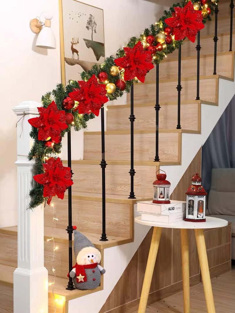 15 mảnh 13cm Hoa nhân tạo Trạng nguyên với clip lấp lánh trang trí cây Giáng sinh cho Giáng sinh trang trí trang trí trang trí DIY (màu đỏ)