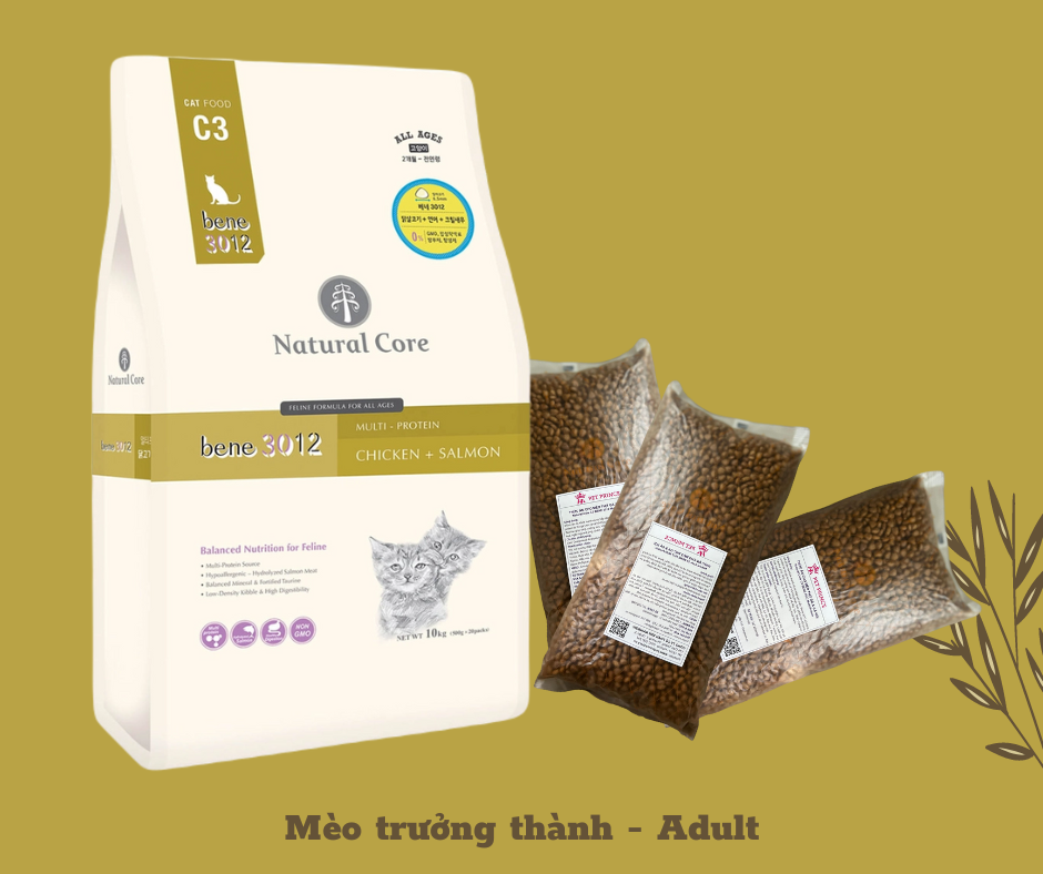 Thức ăn hạt cho mèo Natural Core C3 Bene 3012 | Thịt gà và Cá hồi | Tốt cho tiết niệu và tim mạch | Ngăn ngừa dị ứng | Chính hãng Hàn Quốc