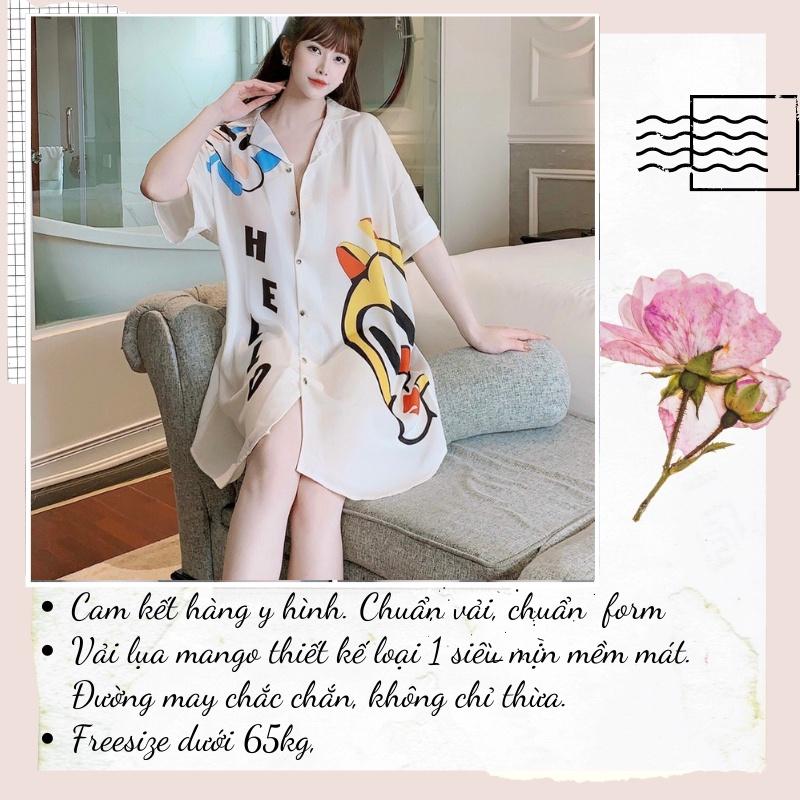 Đầm ngủ váy sơ mi form rộng, chất lụa mango mềm-mịn-mát - Freesize dưới 67kg