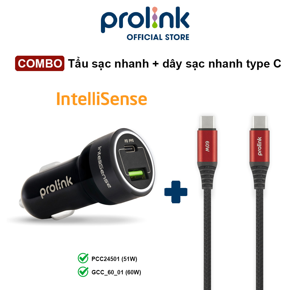 COMBO Tẩu sạc nhanh PROLiNK PCC24501 + Dây sạc nhanh cho điện thoại, máy tính bảng | Dùng cho xe hơi, xe ô tô - Hàng chính hãng