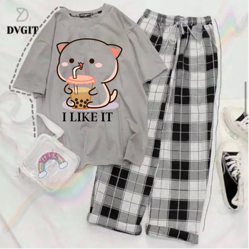 Sét Bộ Nữ SS14, Sét Đồ Nữ Đi Chơi Đẹp In Hình Mèo Uống Nước Dễ Thương