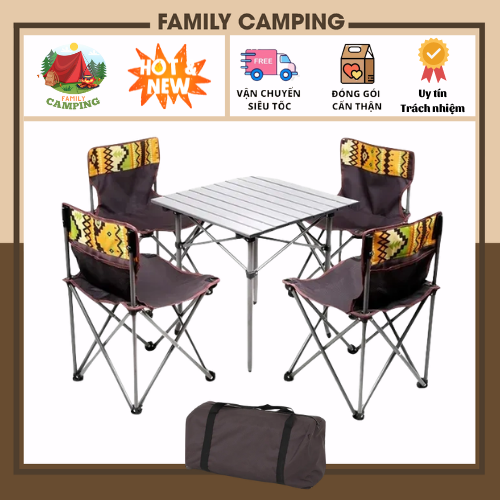 Bộ bàn ghế tựa lưng xếp gấp gọn cắm trại dã ngoại trong nhà ngoài trời 4 ghế 1 bàn (Hàng có sẵn + ảnh + video)