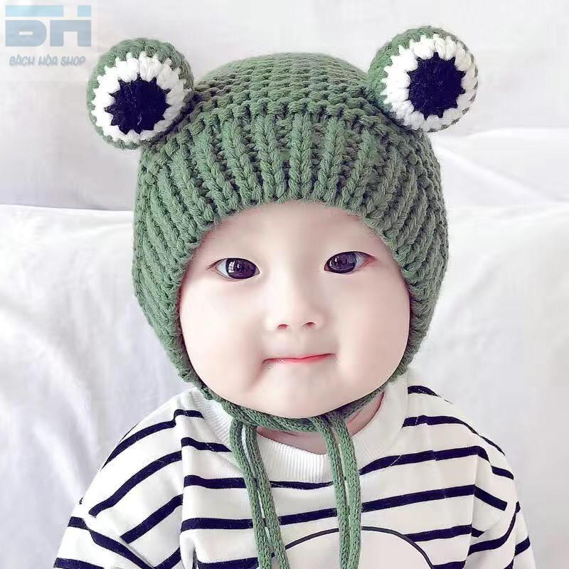 Lót lông nỉ cao cấp - Mũ Len dệt kim hình ếch con xinh xắn (dành cho bé từ 6 - 36 tháng tuổi)