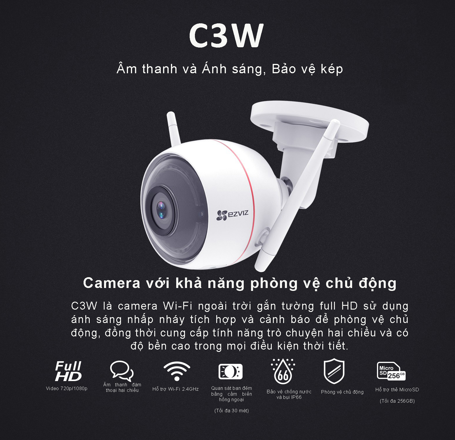 Camera IP Wifi EZVIZ C3W 2.0 Megapixel Ngoài Trời (có nháy đèn hú còi) - Hàng Chính Hãng