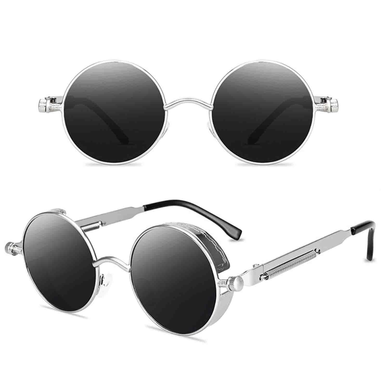 2Pair Steampunk Gothic Retro Round Sunglasses Circle Lens Goggles Black Gray