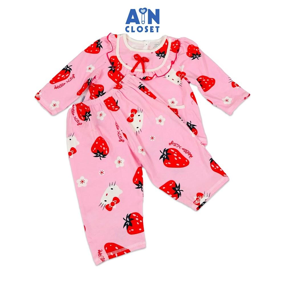 Bộ quần áo Dài bé gái họa tiết Kitty Dâu Đỏ nền hồng thun cotton - AICDBGDWI1QY - AIN Closet