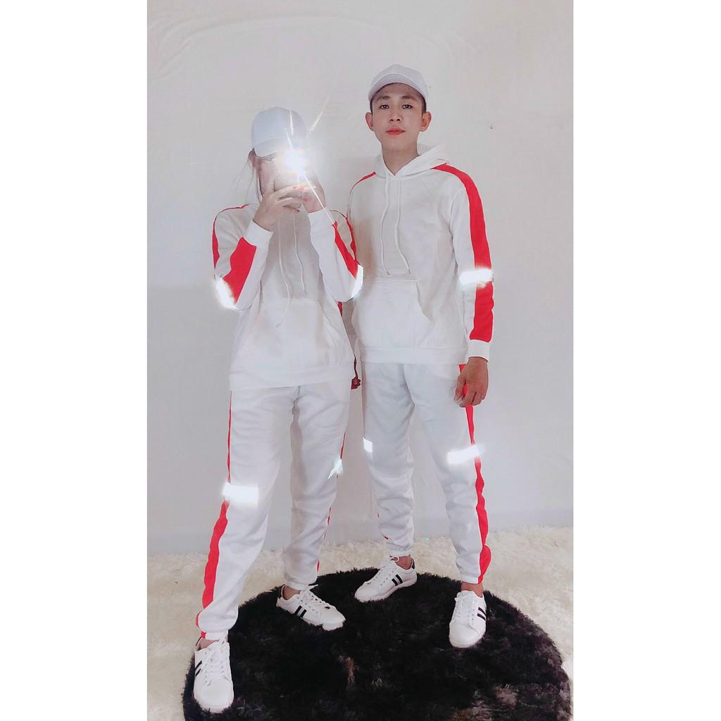 Bộ dài phản quang unisex màu trắng sọc đỏ chất dù có dây kéo reesize