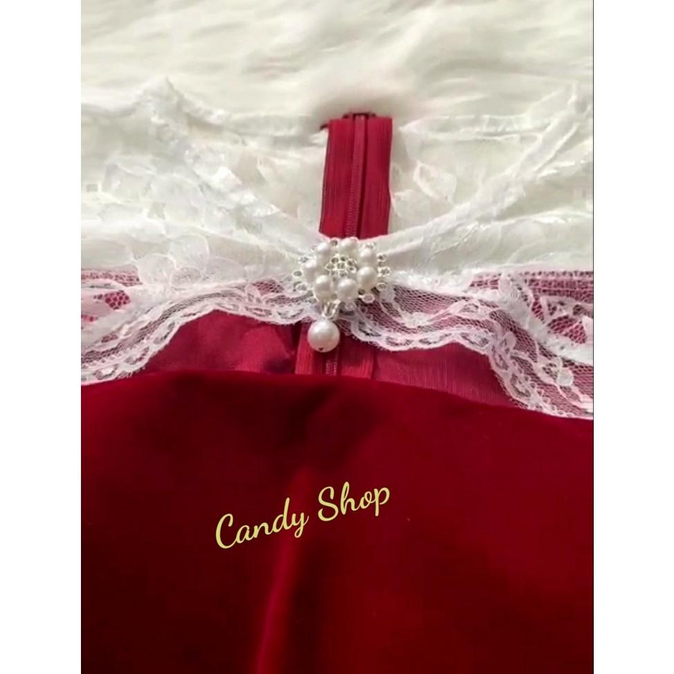 Đầm xoè nhung phối tay ren kèm phụ kiện