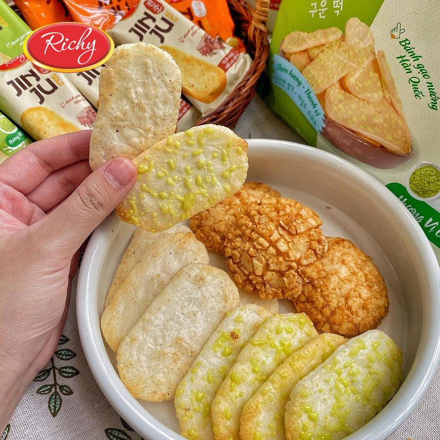 Combo Snack Ăn Vặt Giòn Tan Gồm 3 Gói Bánh Gạo JinJu Hương Vị Bò Nướng Tiêu, Cốm Sữa Và GanJang Mật Ong