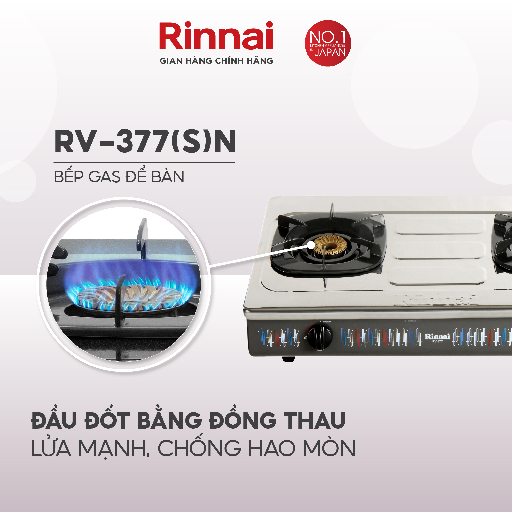 Bếp gas dương Rinnai RV-377(S)N mặt bếp inox và kiềng bếp men - Hàng chính hãng.