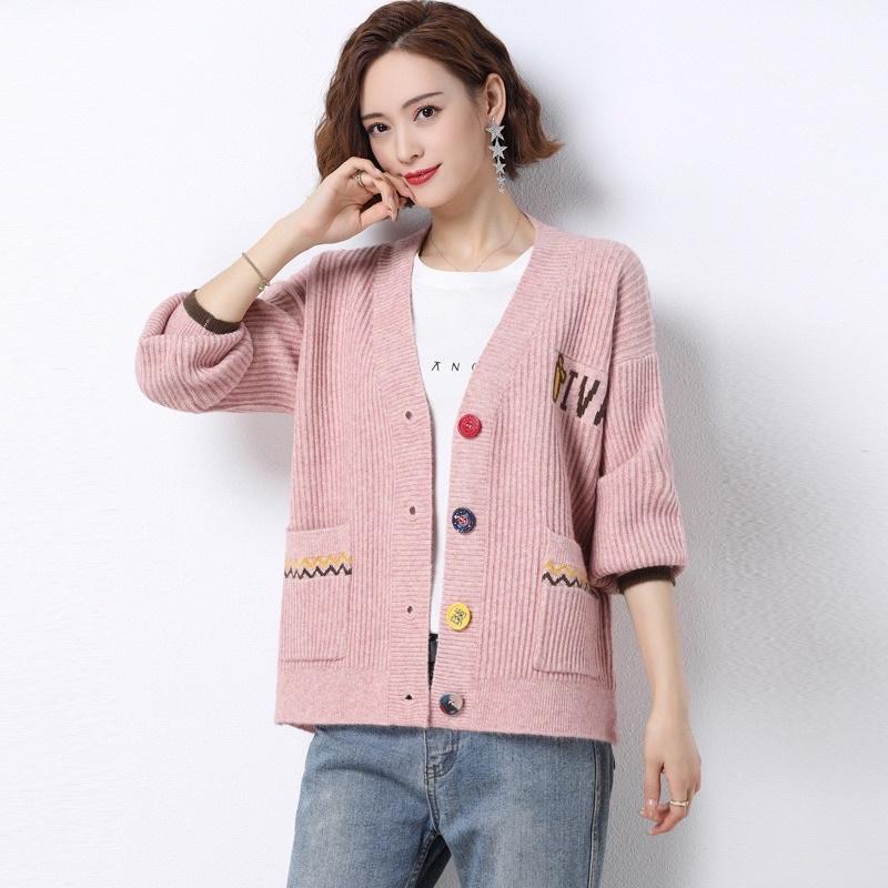 Áo khoác len nữ cardigan cổ V, áo len nữ phối viền cá tính