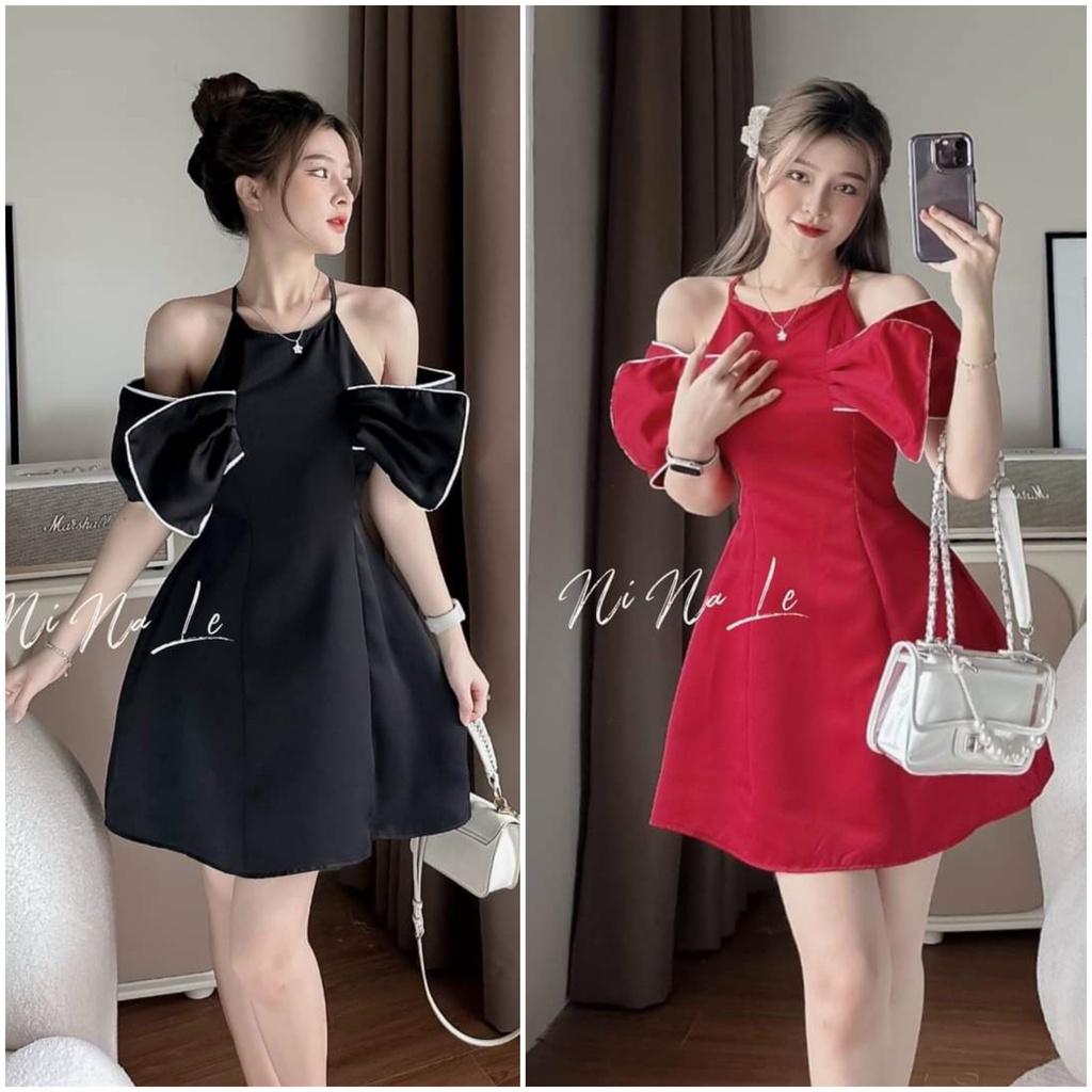 Đầm xoè cổ yếm nơ tay viền xinh xắn