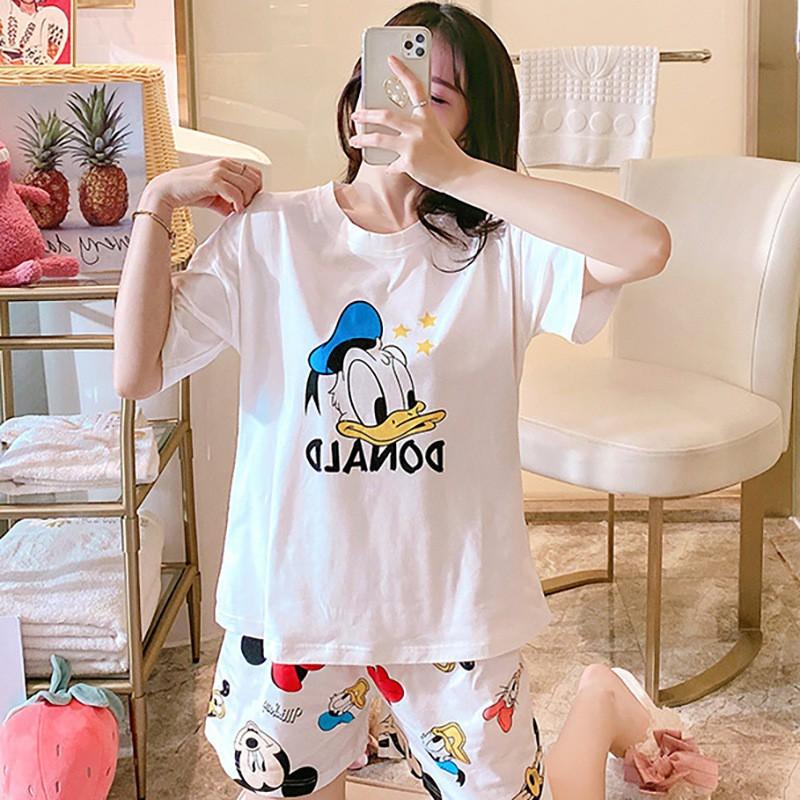 Bộ Đồ Ngủ Tay Ngắn Form Rộng In Họa Tiết Hoạt Hình Dễ Thương Cho Nữ