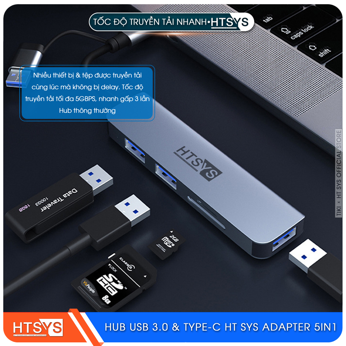 Hub Type C Và Hub USB HT SYS 5 in 1 To USB 3.0, SD, TF - Hàng Chính Hãng