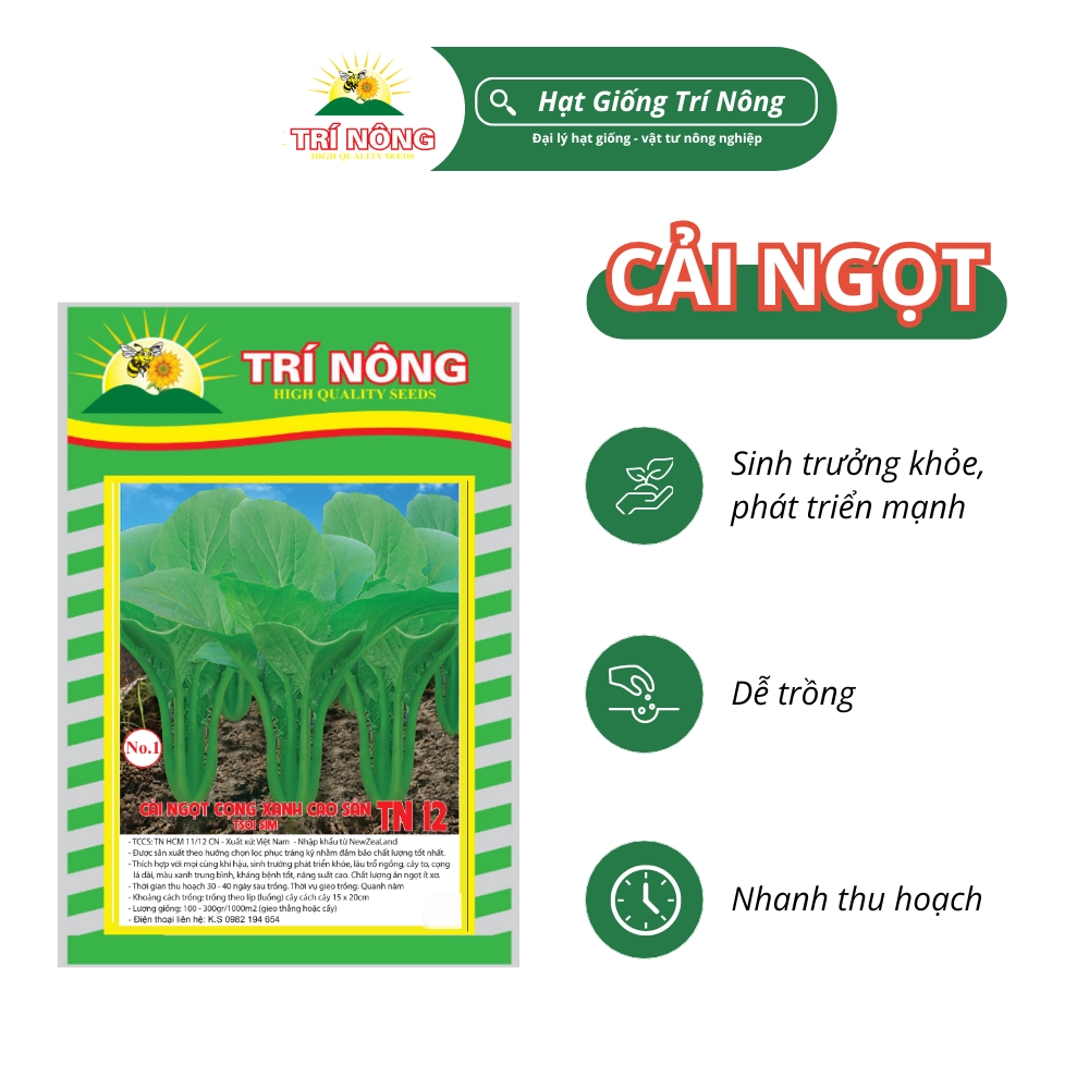 Hạt Giống Cải Ngọt Trí Nông , TN12, Dễ Trồng, Dễ Chăm Sóc, Nhanh Thu Hoạch, Thời gian thu hoạch 30 ngày , Gói 20gram