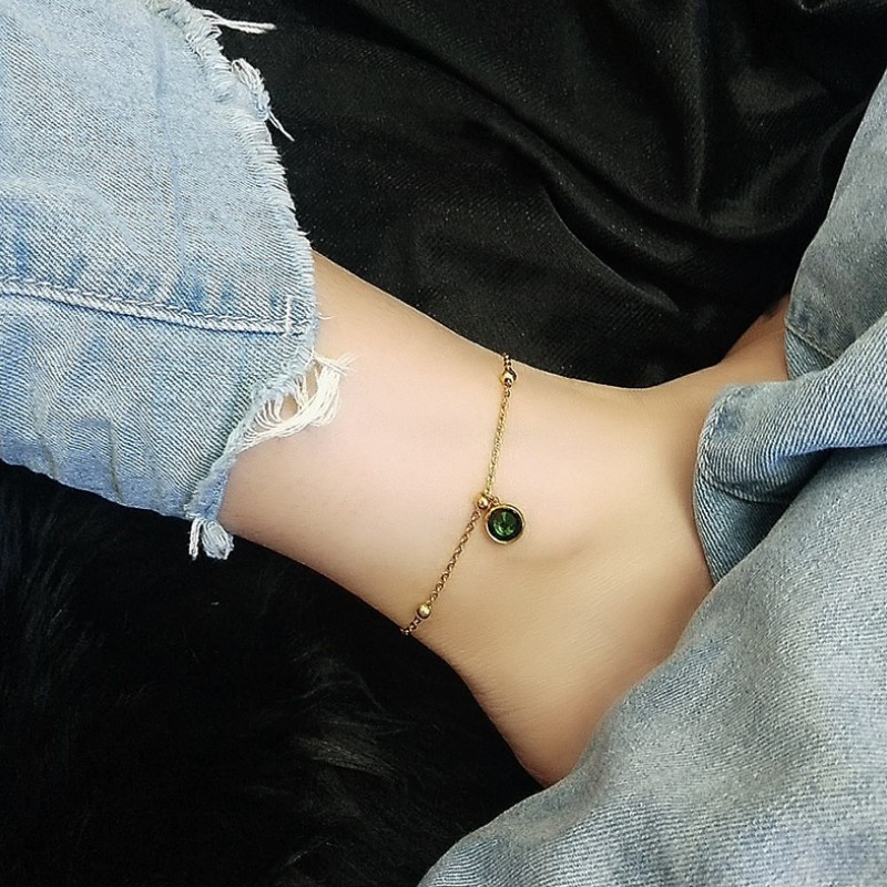 Lắc Chân Nữ 1 Viên Đá Xanh Lá Titan Ko Đen TT 3016