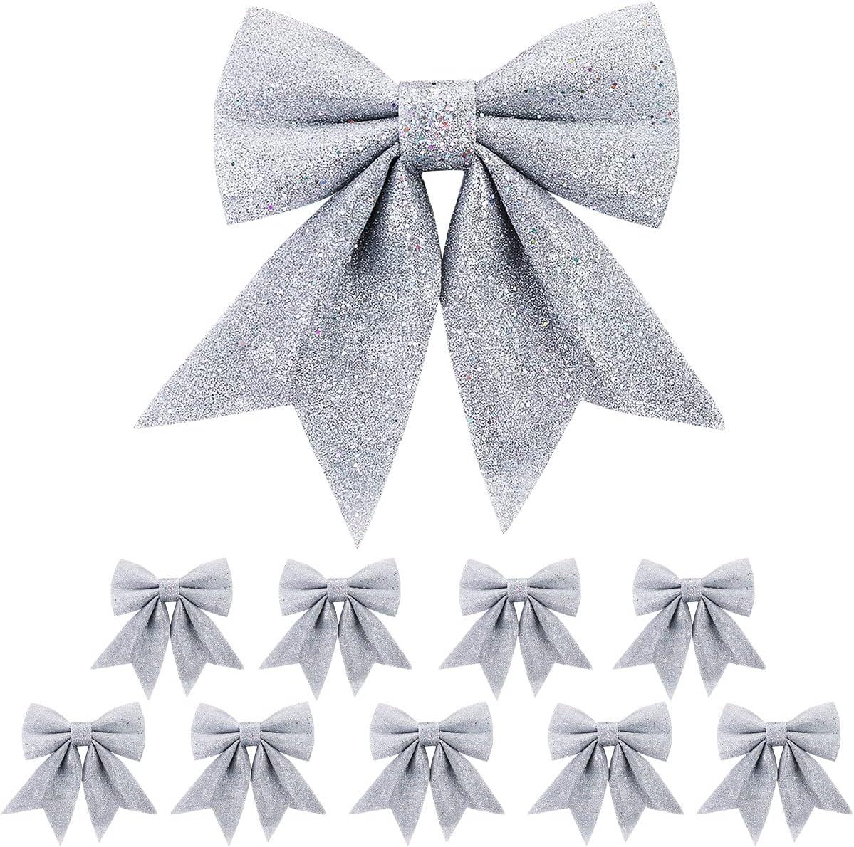 Nơ Giáng Sinh Bạc, Bộ 10 Món Trang Trí Giáng Sinh, Mini - Trang Trí Nhà Giáng Sinh Treo Cây Thông Noel, Trang Trí Hộp Quà Ngày Lễ