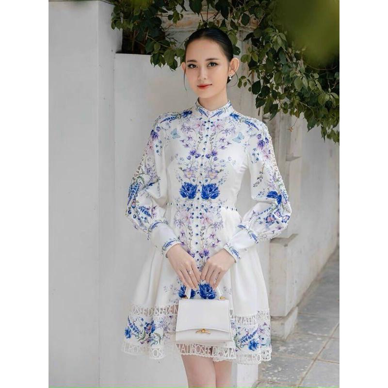 ĐẦM LỤA HOA CỔ TRỤ TAY DÀI