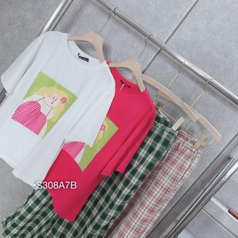 Set bộ QC búp bê quần caro ống rộng, Set caro ống rộng áo búp bê hồng