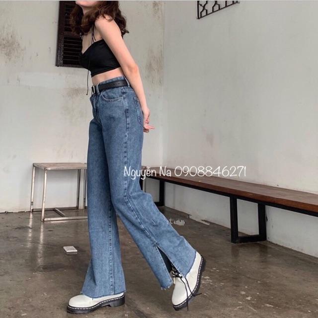 QUẦN JEANS ỐNG RỘNG XẺ Gấu DÁNG DÀI- hình thật chính chủ