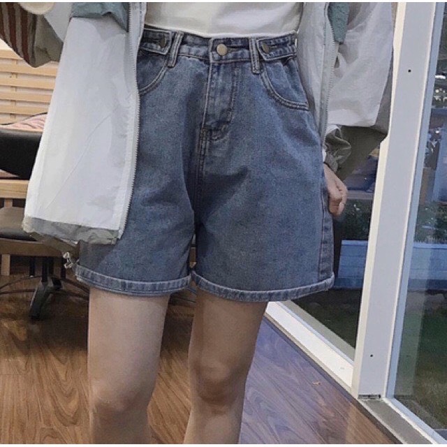 Quần Short Jeans Lưng Cao Ống Rộng Phối 2 Nút - 0051