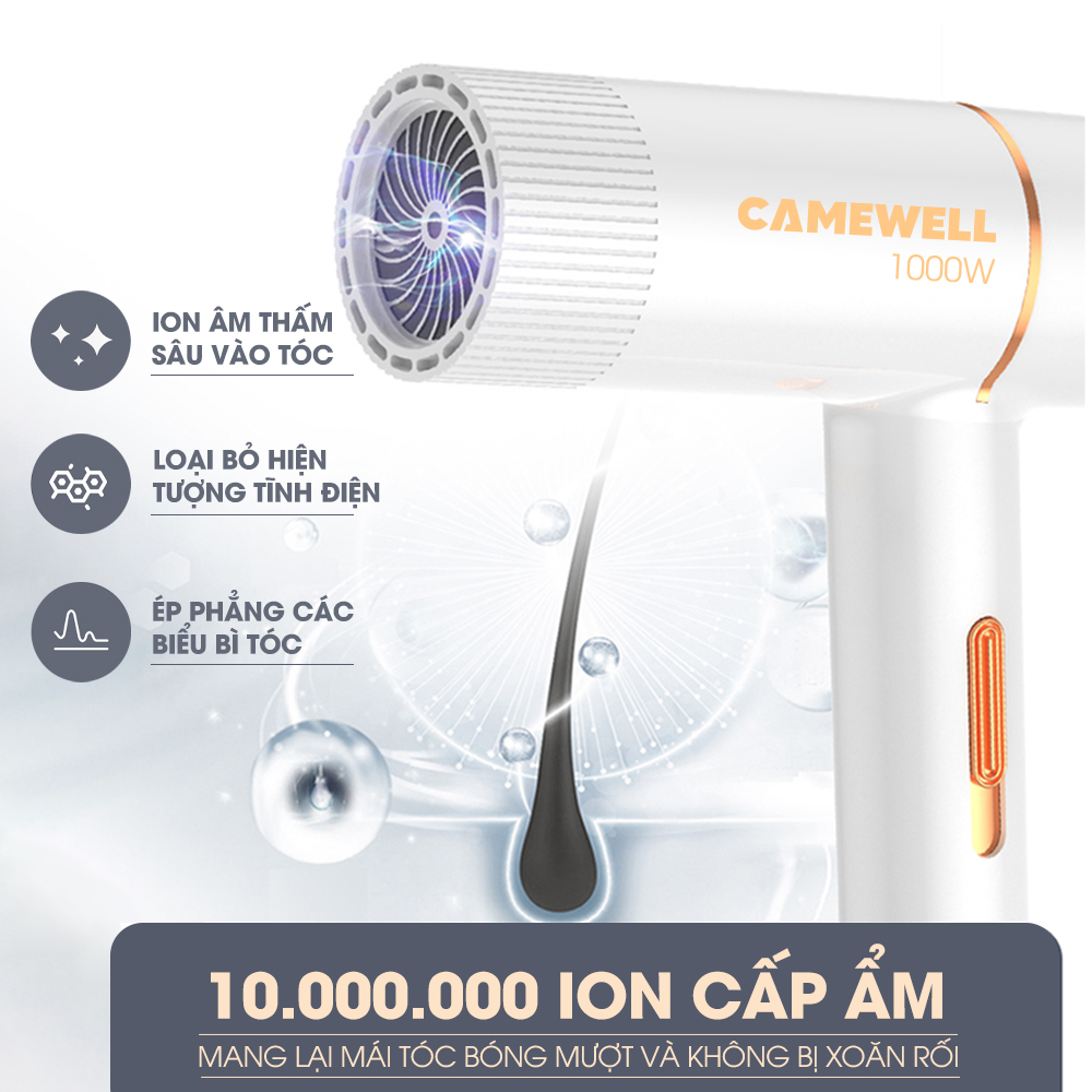 Máy sấy tóc mini, máy sấy tóc CameWell 1000W-1200W, sấy 2 chiều nóng lạnh, ánh sáng xanh CW01HD