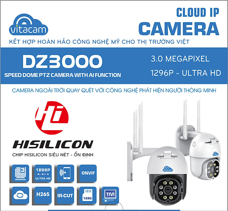 Camera Ip Wifi Ngoài Trời Vitacam DZ3000  3.0MP Độ Phân Giải 1296P Ultra HD - Hàng Chính Hãng