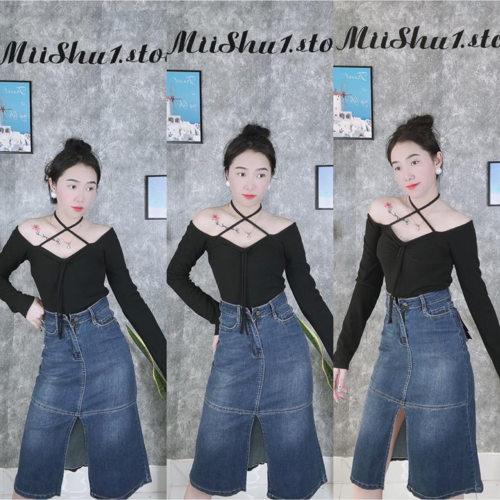 Áo croptop nữ tay dài cổ vuông dây chéo ngực buộc nơ ôm body